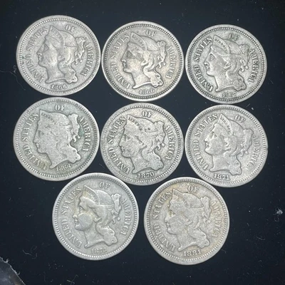 Lot of 8 Three Cent Nickel Pieces - 7 Different Dates, Great Details! - Image 1 of 2
