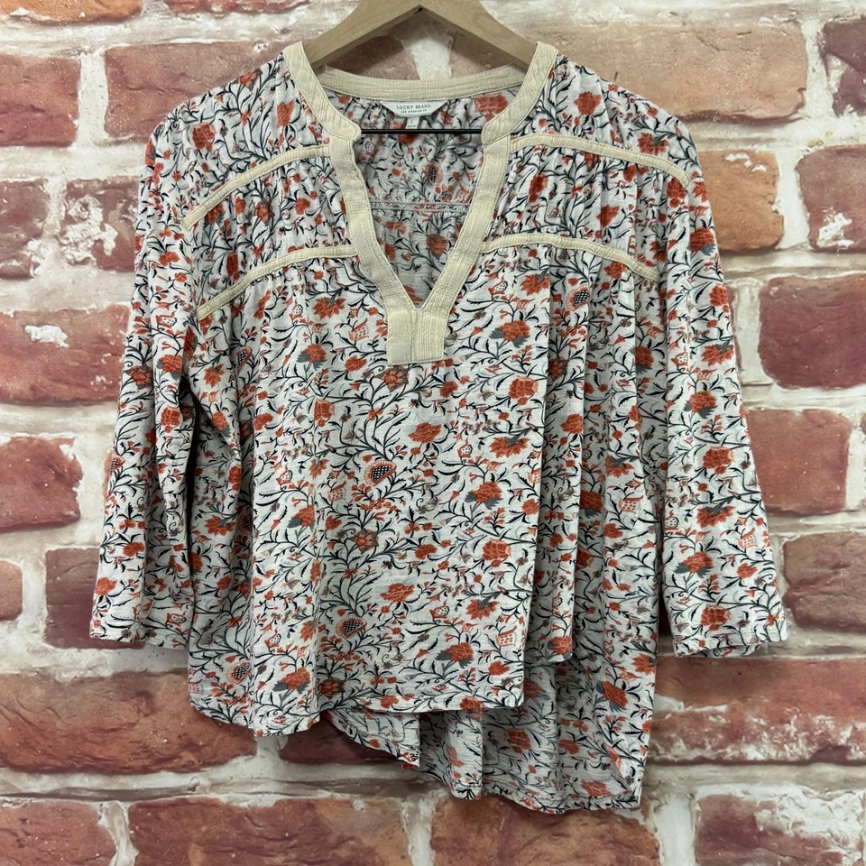 Lucky Brand Top Womens Large Cream Multicolor Boho Floral Vine Asymmetric Shirt - Image 1 of 4