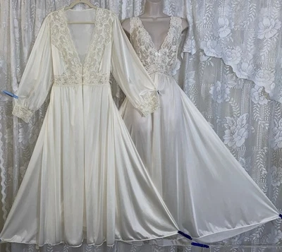 VTG L XL Shadowline Bridal IVORY SILKY Nylon Peignoir Robe Nightgown olga esque - Image 1 of 4