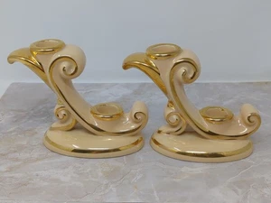 MCM Abingdon Candlestick Holders Beige Gold Accents Double Taper Set of 2 Vtg - Picture 1 of 15