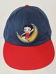 Vintage 90s Betty Boop Hat Embroidered Elastic Strap Navy Crescent Moon - Picture 1 of 10