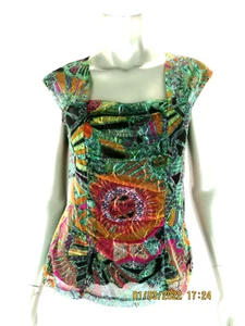 LIBRA SZ M NWOT Polyester/Spandex Green Orange Draped Front Net Top Blouse Shirt - Picture 1 of 12