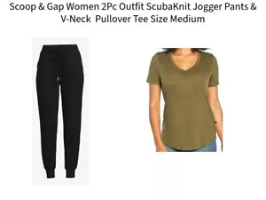 Scoop & Gap Women 2Pc Outfit ScubaKnit Jogger Pants & V-Neck Pullover Tee Sz M - Picture 1 of 9