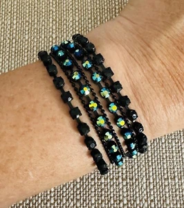 Black Multi Strand Iridescent Bracelet Stones Adjustable Goth Halloween - Picture 1 of 5