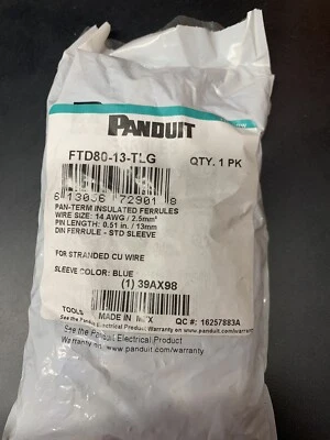 Virola Panduit Ftd80-13-Tl, 14 AWG, PP, 23/32 pulgadas, paquete 250 Foto 1 de 2