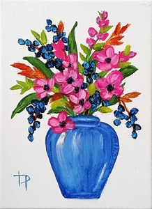 Pink Flowers Painting Original Oil Artwork 5x7" Small Painting Wall Art - Picture 1 of 11
