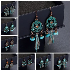 Ethnic Vintage Bronze Tassels Earrings Turquoise Geometric Dangle Women Earrings - Picture 1 of 43
