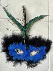 New Mardi Gras or Costume Feather Eye Mask-Beautiful Blue Feathers -Home Decor - Picture 1 of 4