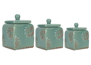 Floral Blue 10, 9, 8 inch Ceramic Food Storage Canisters Set of 3 - Picture 1 of 6