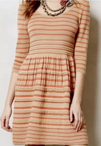 Anthropologie Knitted Knotted Elodie Dress S 3/4 Sleeve Tan Stripe Keyhole Back - Picture 1 of 9