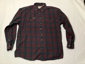 Powder River Outfitters Plaid Shirt Large Mens Pearl Snap Up Flannel Red Gray - Picture 1 of 11