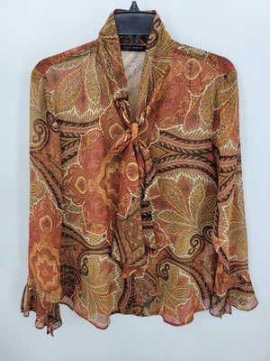 Top Zara Mujer Grande Marrón Floral Artístico Cuello Corbata Gasa Transparente Manga Campana Foto 1 de 4