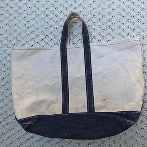 Vtg LL Bean Boat and Tote Beach Bag Blue Natural Canvas Travel Bag - 22"x15" - Picture 1 of 15