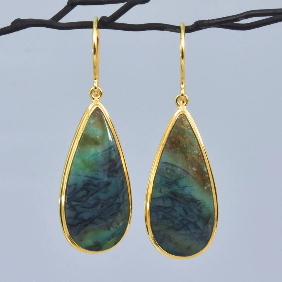 Pendientes Oro 18K Vermeil Plata de Ley Petrificada Fósil Madera Cabujón 6.31 g Foto 1 de 4