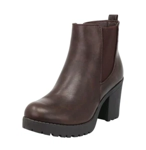 Women's Chelsea Stretch Chunky Lug Sole Platform Block Heel Ankle Bootie, Brown - Picture 1 of 7
