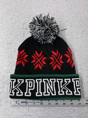Victoria's Secret Beanie Toque 成人 均码 黑色 红色 Pom Fair Isle 丙烯酸 — 第 1/4 张图片
