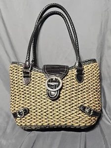 Vtg Brighton Straw & Faux Croc Leather Shoulder Bag Tote Hand Woven  #B1 - Picture 1 of 5