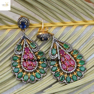 Pendientes colgantes de diamantes pavimentados esmeralda rubí joyería enchapados en oro plata 925 regalos - Imagen 1 de 3