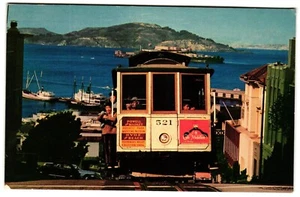Vintage 521 Cable Car on San Francisco Hill w/Bay Background Postcard Unposted! - Picture 1 of 2