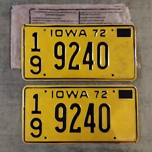 Antigua matrícula Iowa 1972 par de placas Yom County 19 # 9240 Dodge - Imagen 1 de 1