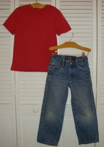 Mini Boden Boys Red Tee Blue Adjustable Jeans Play Condition 5-6 6Y Outfit - Picture 1 of 10