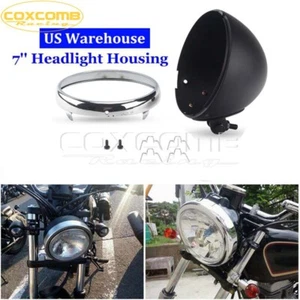 7" Motorcycle Headlight Black Houring Headlamp Light Bulb Bucket for Cafe Racer - Foto 1 di 9