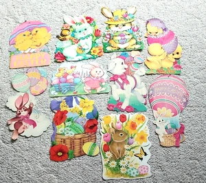Vintage Easter Decorations Rabbit Chicks Cardboard Cut Outs - Picture 1 of 16
