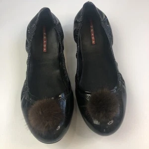 Prada shoes ballet Flats with pom pom size 38 black with brown pom US Size 7 - Picture 1 of 10
