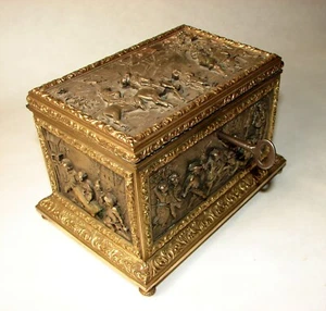 Antique T & E Paris French Gilded Ornate Bronze or Brass Jewelry Casket orig Key - Picture 1 of 17