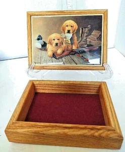 Wooden & Tile Art Jewelry/Watch/Trinket Box W/Red Felt Lining Labradors At Play - Picture 1 of 5