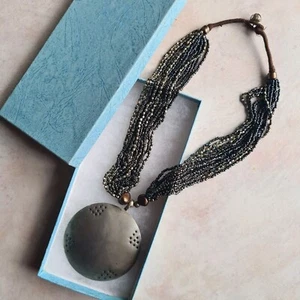 Brown Multi strand Fine Beaded Necklace with a Large Metal Round Pendant B05.152 - Picture 1 of 6