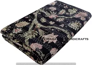 Floral Print Pure Cotton Black Kantha Quilt Boho Coverlet Twin size Bedspread - Picture 1 of 6