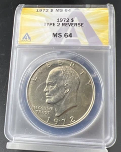 1972 $1 Eisenhower Ike Dollar Coin MS64 ANACS CH BU UNC Type 2 Variety FS-901 - Picture 1 of 10