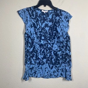 Parker Womens Size Small Silk Top Blouse Blue Floral V Neck Cap Sleeves - Picture 1 of 6
