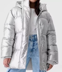 Gap Kids ColdControl Max Silver Puffer Jacket Coat Sz XL 12-13 Hood Fleece Line - Picture 1 of 24
