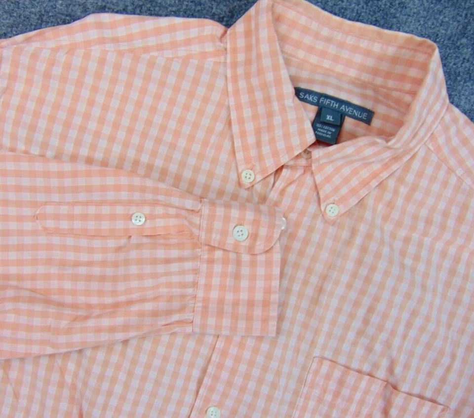 Camisa Saks Fifth Avenue Para Hombre XL Naranja Cuadros Guinga Botones Manga Larga Foto 1 de 4
