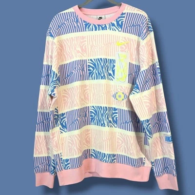 Nike Pink Blue Bright Patterned Fleece Trippy Safari Crewneck Sweatshirt Retro - Image 1 of 4