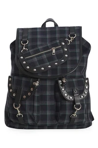 BANNED Apparel Grey Check Punk Rockabilly Gothic Studded Yamy Bag Backpack - Picture 1 of 4