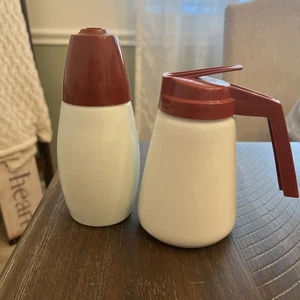 Gemco Vintage Syrup/Cream And Sugar Dispenser Milk Glass Red/maroon Lid - Picture 1 of 9
