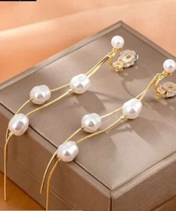 White Pearl Clip On Earrings Drop Dangle Gold Tone Wedding Prom Pageant - Picture 1 of 9