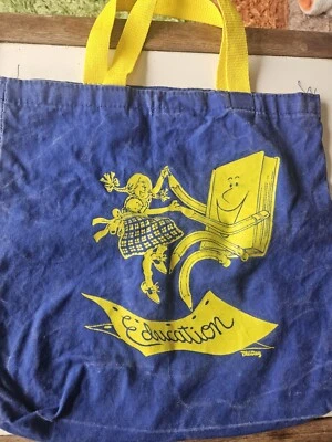 VTG 1970s Detroit Free PressChild Book Bag Library Tote Kids Blue Yellow  Rare - Image 1 of 4