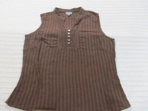 J Jill Women Shirt Medium Brown Tank Sleeveless Button V Neck Striped Cotton - Picture 1 of 11