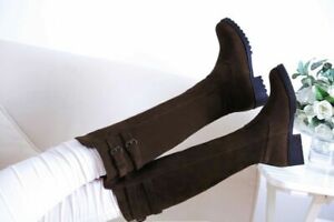 Woman Riding Buckle Strap Knee High Boots Low Heel Retro Pull On Round Toe Shoes