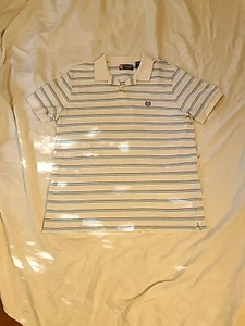 Chaps Polo Shirt Men's Large Casual Short Sleeve White Blue Striped 100% Cotton - Picture 1 of 5