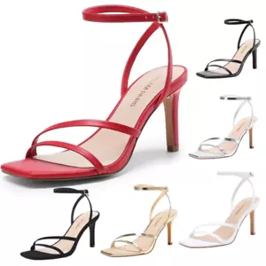 Women High Stilettos Heel Open Toe Square Sandals Ankle Strap Pumps Dress Shoes - Picture 1 of 51