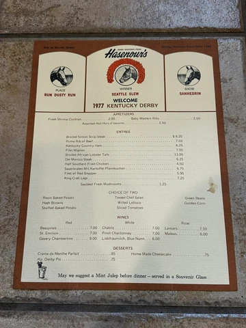 HASENOUR'S LOUISVILLE KENTUCKY DERBY SOUVENIR MENU 1977 SEATTLE SLEW POSTCARD Cover