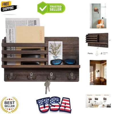 Настенный органайзер для почты и ключей в деревенском стиле с 4 крючками и плавающей полкой - Изображение 1 из 4