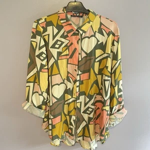 Big Dart Retro Button Up Shirt Langarm kräftige Farben Doodle Damen Größe Large - Bild 1 von 4