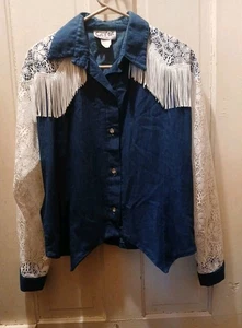 Camisa vaquera vintage años 80 Sas’sa Western mujer talla mediana azul denim blanca flecos encaje - Imagen 1 de 15