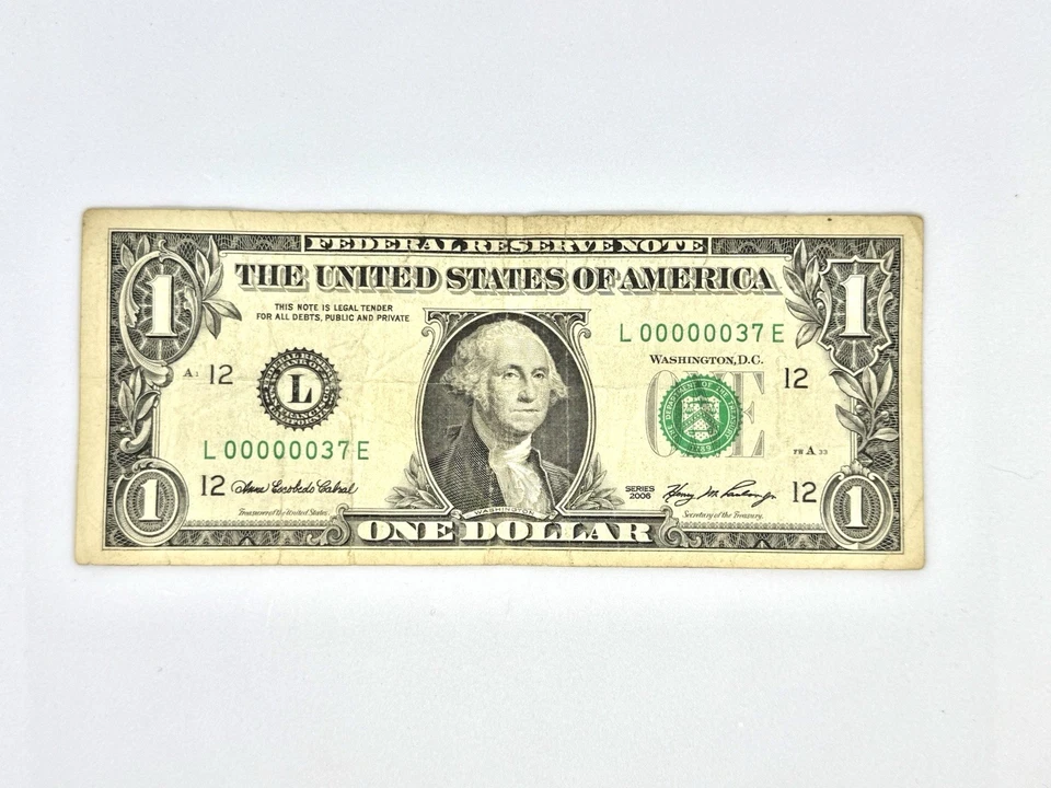 2006 $1 Bill Low Serial Number Federal Reserve Note *Double Digits*    00000037E - Image 1 of 2
